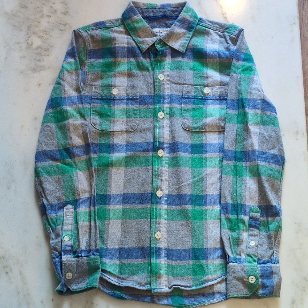 Mini Boden Plaid Flannel Shirt Green Blue Boys 9-10 Cotton
